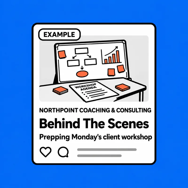 Example behind-the-scenes post for a fictional coaching and consulting brand, labeled Example