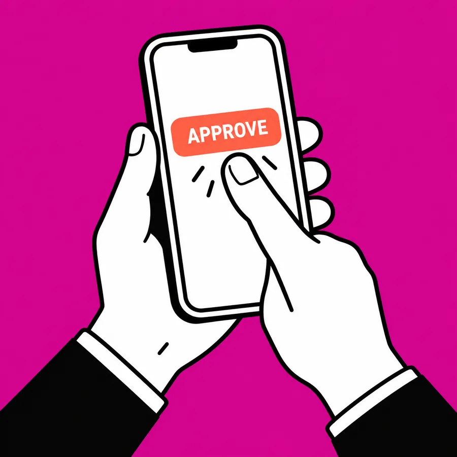 A thumb tapping Approve on a phone